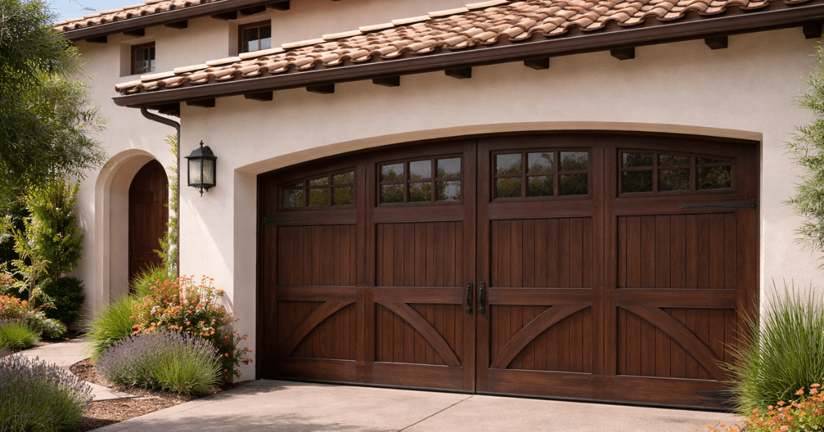 carriage house-style garage doors on spanish-style home in the bay area