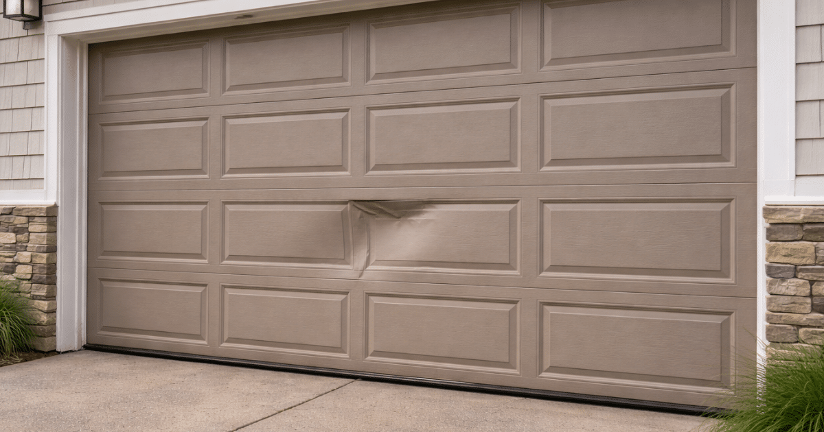 garage door with a dented panel